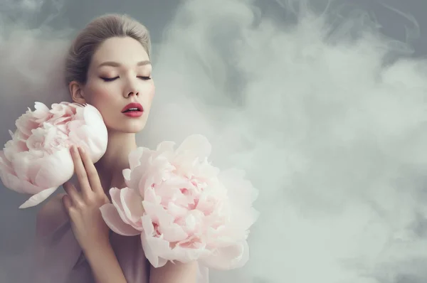 Beautiful Dreamy Woman Peonies Milky Pastel Colors Ambient Copy Space — Stock Photo, Image