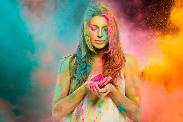 Woman Covered Rainbow Colored Powder Celebrating Festival Colors Young Woman — Stock Photo, Image