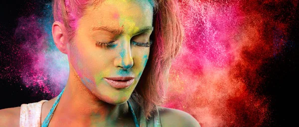 Beauty Face Woman Covered Holi Powder Rainbow Color Explosion Background — Stock Photo, Image