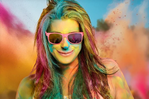 Carefree Cheerful Woman Covered Rainbow Colored Powder Celebrating Holi Color — Stock Photo, Image