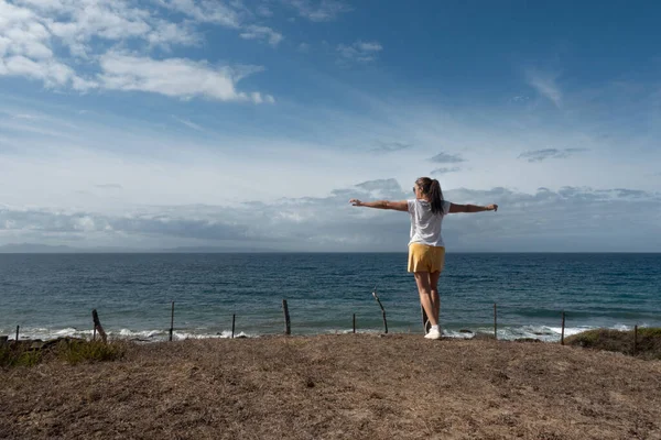 Confident Woman Shore Calming Ocean Enjoying Moment Self Care Dreamy Stock Photo