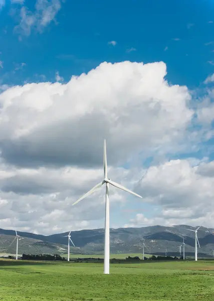 Větrné Turbíny Stojí Vysoko Poli Mraky Nad Signalizují Udržitelnou Energii Stock Obrázky