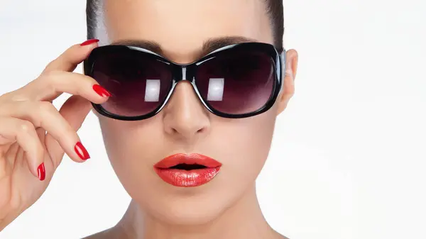 Stylish Brunette Model Posing Confidently Black Oversized Sunglasses Emphasizing Vibrant Stock Photo