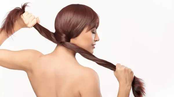 Stunning Model Luscious Brunette Hair Holds Her Long Healthy Tresses Stock Image