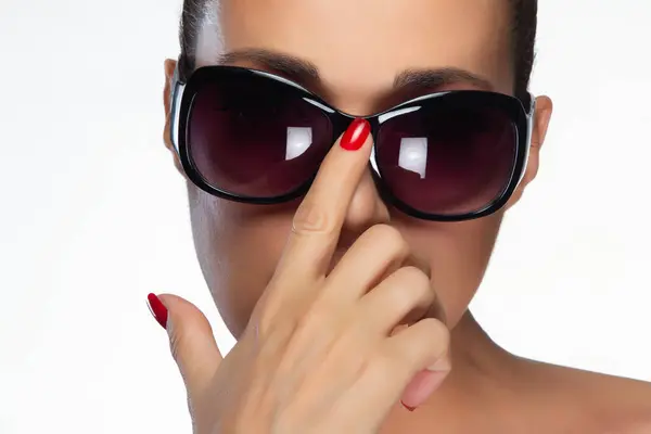Beautiful Model Poses Large Dark Sunglasses Striking Red Manicure Isolated Royalty Free Stock Images