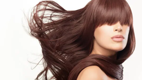 Stunning Model Flawless Skin Silky Long Brown Hair Flowing Dynamically Stock Photo