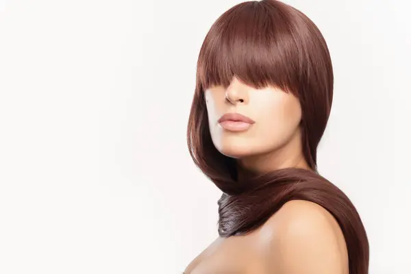 Stunning Model Showcasing Luxurious Thick Brown Hair Styled Impeccably Isolated Stock Image