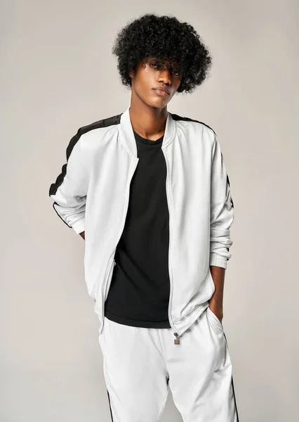 Portrait Fashionable Black Man White Tracksuit — Stok Foto