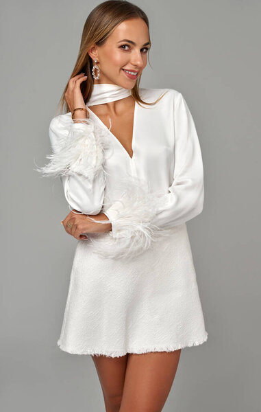 Portrait Happy Blonde Woman Wear White Clothes Long Straight Hair Stock Picture