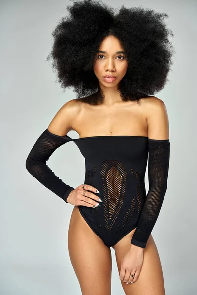 Portrait Beautiful African American Girl Afro Hairstyle Wear Black Bodysuit Stock Picture