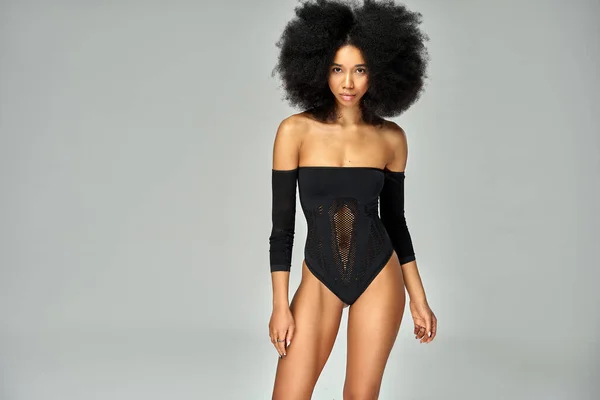 Beautiful African American Girl Afro Hairstyle Wear Black Bodysuit Isolated Stock Photo