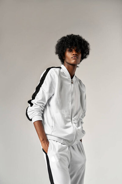 Portrait Fashionable Black Man White Tracksuit Royalty Free Stock Images
