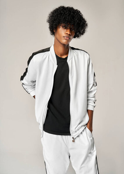 Portrait Fashionable Black Man White Tracksuit Stock Photo