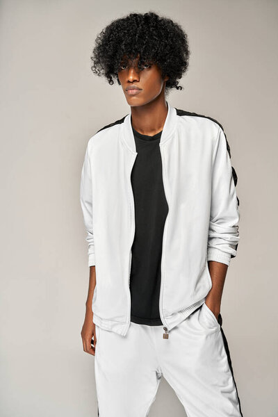 Portrait Fashionable Black Man White Tracksuit Stock Image