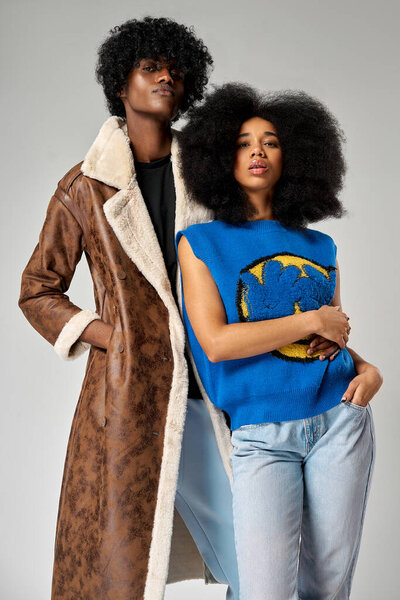 Portrait African American Couple Wear Stylish 90S Fashion Clothes Afro Royalty Free Stock Images