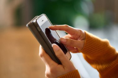 Akıllı telefonuyla SNS 'e mesaj atan bir kadın.