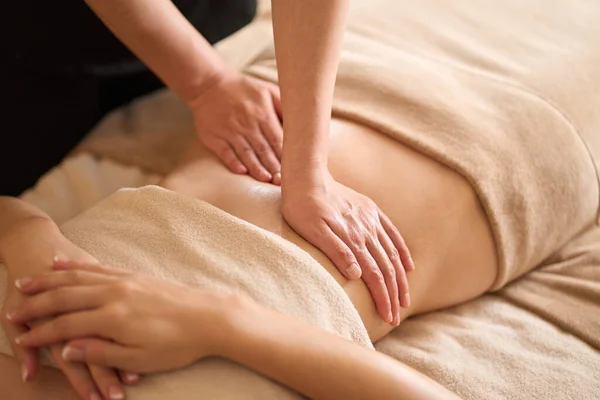 Woman Receiving Belly Massage Beauty Salon — 스톡 사진