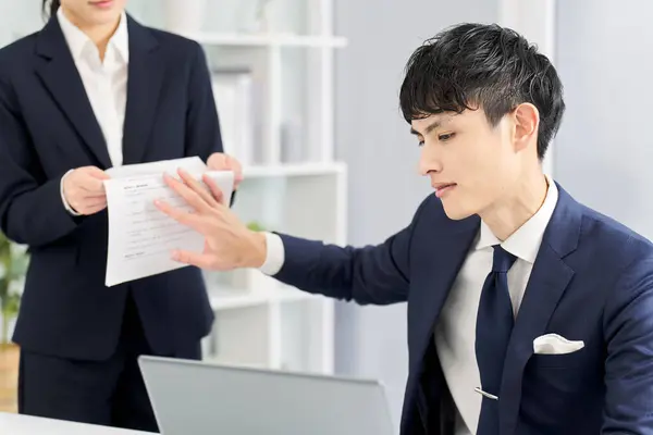 Asian Businessman Intimidatingly Refusing Work — Stock Photo, Image