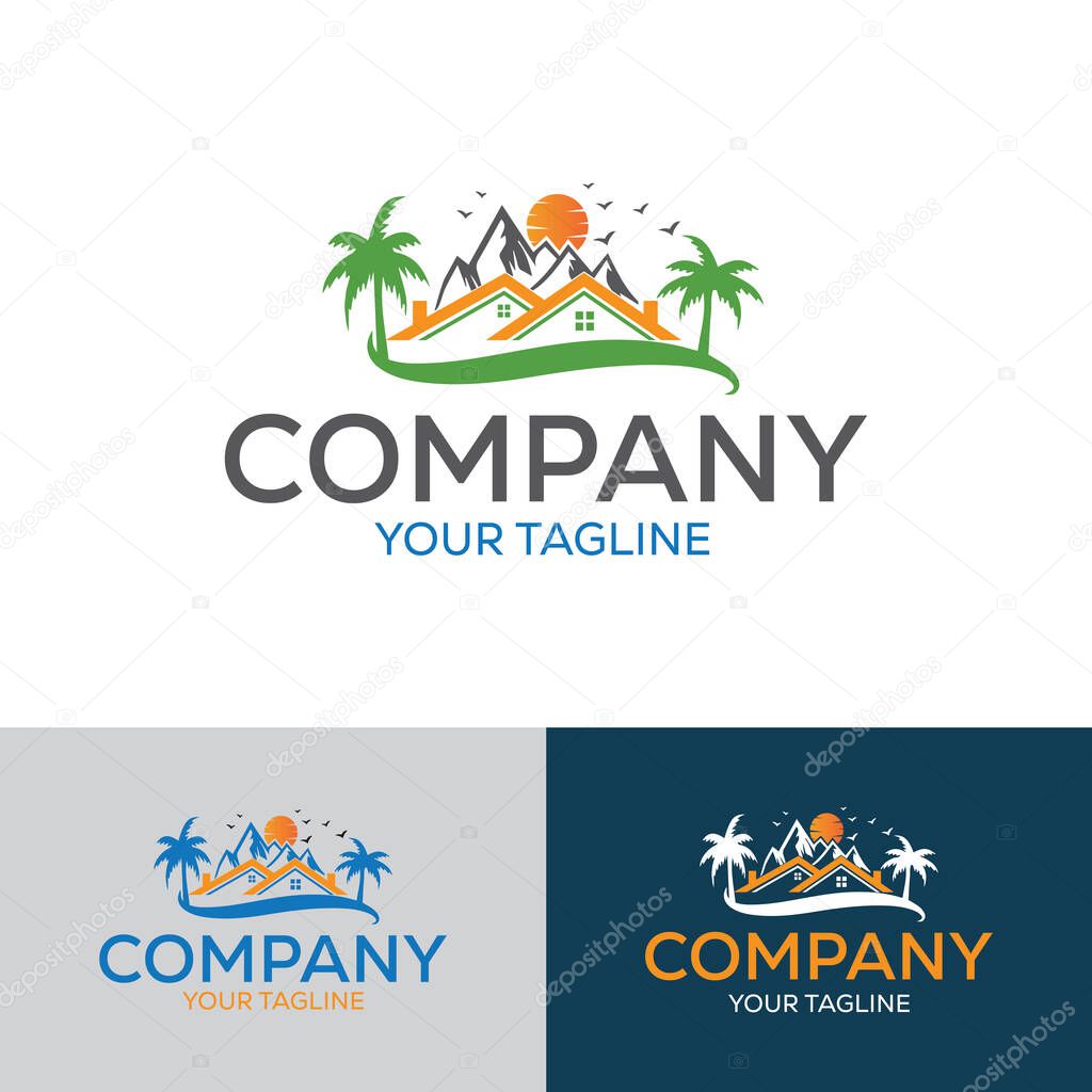 Natural Real Estate Logo Template with the sun, palm tree, birds & mountain elements