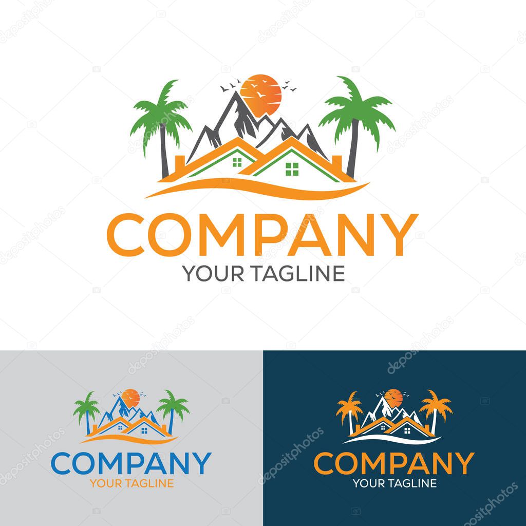 Natural Real Estate Logo Template with the sun, palm tree, birds & mountain elements