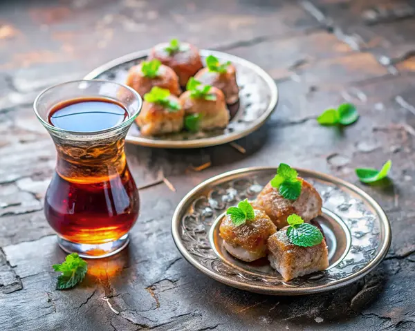Geleneksel Türk tatlısıyla bir bardak naneli çay. Türk Çayı ile Kıyılmış Zevkler. 
