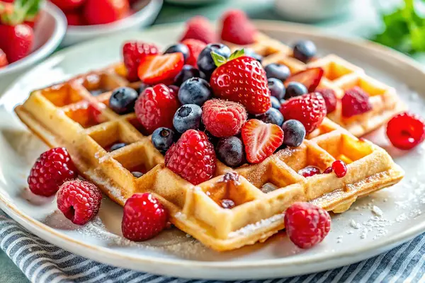 Taze Belçika Waffle 'ları. Üzeri dutlarla kaplı. Yakın çekim yiyecek fotoğrafçılığı.