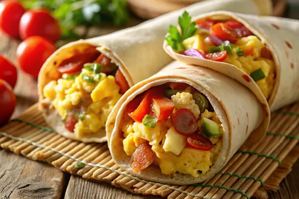 Domatesler ve maydanozla kesilmiş nefis dürüm.