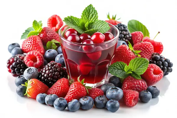 Ahududu ve böğürtlen suyu beyaz arka planda bir bardakta ve biraz nane yapraklı.