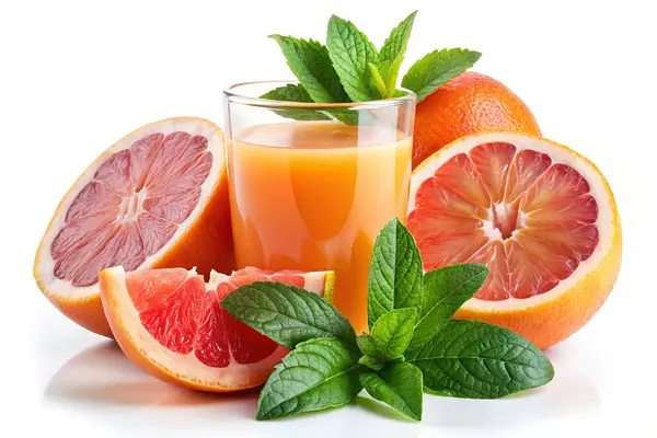 Bardakta portakal suyu ve beyaz arka planda izole edilmiş nane şekeriyle dilimlenmiş portakal suyu.