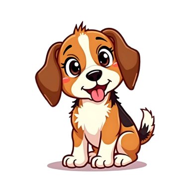 Oturma pozisyonunda sevimli Beagle Puppy çizgi filmi. Beyaz arka planda izole edilmiş şirin bir karikatür av köpeği.. 