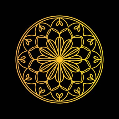 Mandala tasarım vektör çizim şablonu. Bu zarif, simetrik mandala tasarımı dairesel motifte düzenlenmiş karmaşık, altın kaplamalı çiçek desenleri içerir..