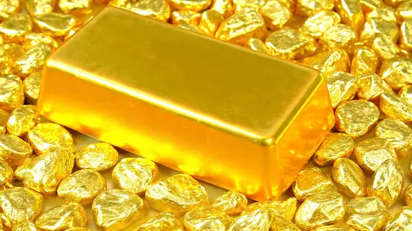 Altın yığını altın külçelerini de içeriyor. Altın külçeler ve külçeler Değerli bir metal zenginliği