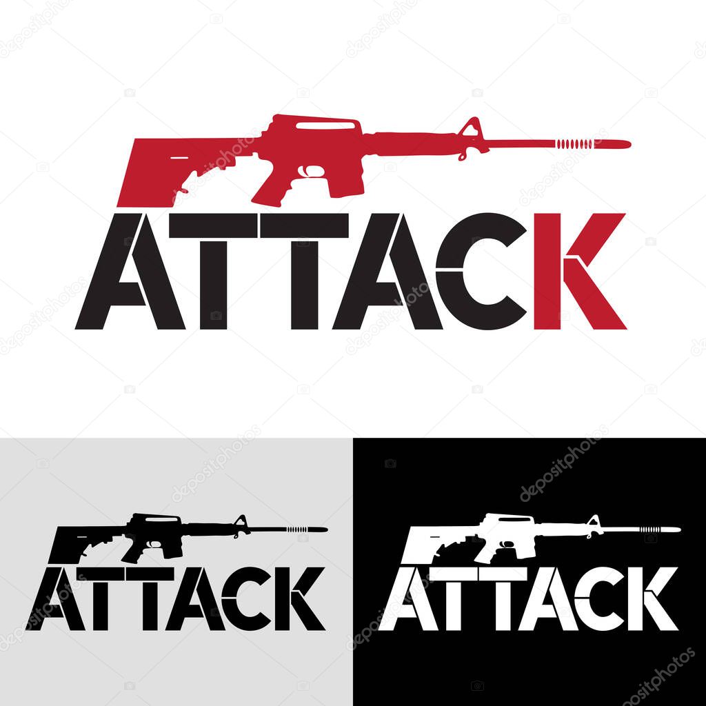 Aggressive Military-Style Logo Featuring an Assault Rifle. Attack modern typography logo design. A bold logo design featuring an assault rifle superimposed over the word 