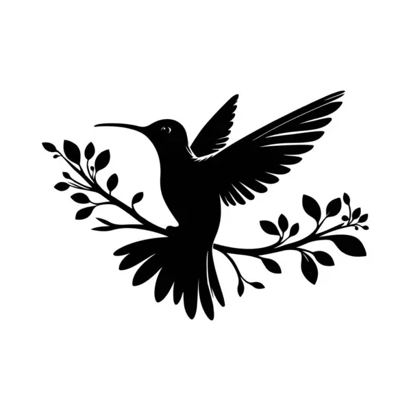 Sinekkuşu siluet vektör çizimi bir dala tünemiş, zarafet ve doğa sergiliyor. Uçan bir sinekkuşunun büyüleyici silueti yapraklarla süslenmiş bir dalın üzerinde..