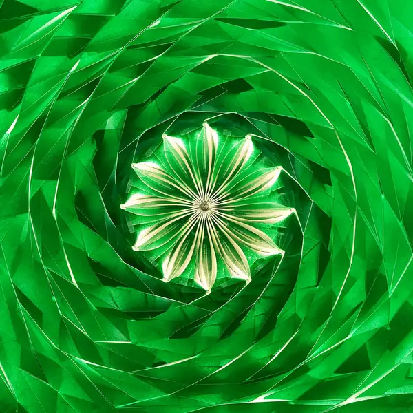 Merkezi çiçek desenli karmaşık yeşil geometrik tasarım. Çarpıcı bir geometrik desenin canlı, yakın çekim görüntüsü.