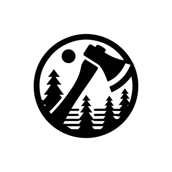 Güneş ve orman resimli bir baltanın siyah-beyaz simgesi. Balta logo tasarımı, siluet simgesi, vektör sanat çizimi, tasarım şablonu.