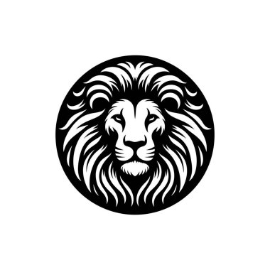 Aslan başlı maskot silueti simgesi, vektör yuvarlak logo, beyaz arkaplanda izole edilmiş simge tasarım şablonu