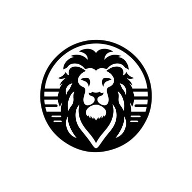 Aslan başlı maskot silueti simgesi, vektör yuvarlak logo, beyaz arkaplanda izole edilmiş simge tasarım şablonu