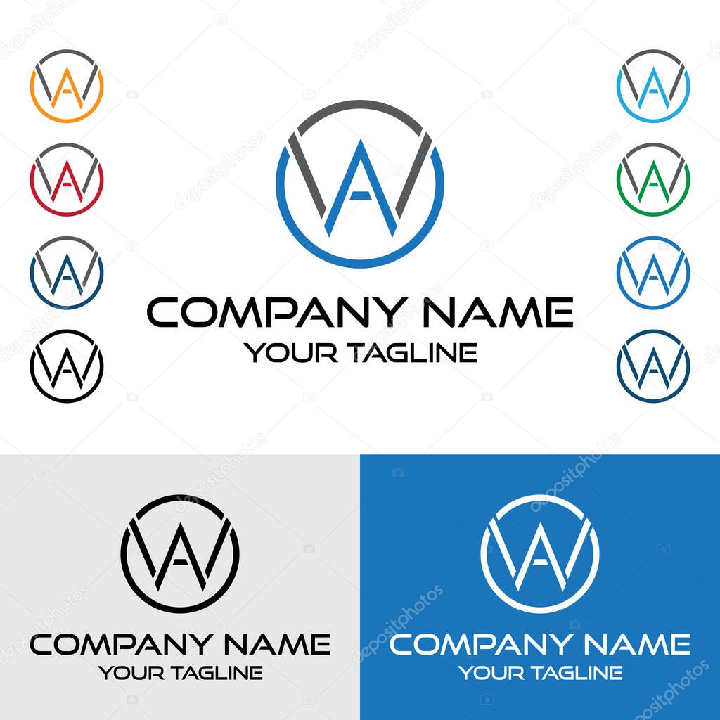 Abstract WA, AW letter geometric typography rounded circle shaped vector logo design. Versatile WA, AW logo designs in various color combinations.