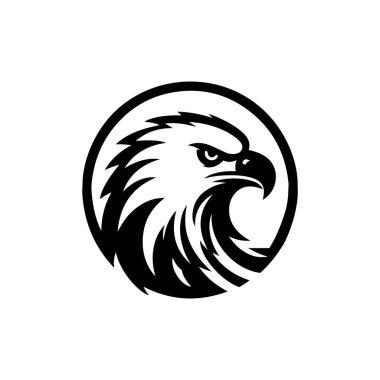 Daire şeklinde şekillendirilmiş kartal kafası logosu. Cesur, beyaz bir arka planda izole edilmiş. Bir kartalın kafasının stilize edilmiş bir grafiği, basit siyah ve beyaz bir dizaynla çizilmiş..