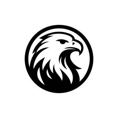 Daire şeklinde şekillendirilmiş kartal kafası logosu. Cesur, beyaz bir arka planda izole edilmiş. Bir kartalın kafasının stilize edilmiş bir grafiği, basit siyah ve beyaz bir dizaynla çizilmiş..