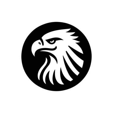 Daire şeklinde şekillendirilmiş kartal kafası logosu. Cesur, beyaz bir arka planda izole edilmiş. Bir kartalın kafasının stilize edilmiş bir grafiği, basit siyah ve beyaz bir dizaynla çizilmiş..