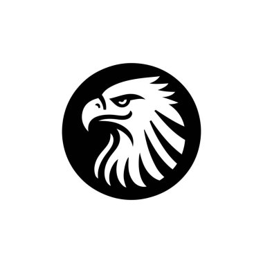 Daire şeklinde şekillendirilmiş kartal kafası logosu. Cesur, beyaz bir arka planda izole edilmiş. Bir kartalın kafasının stilize edilmiş bir grafiği, basit siyah ve beyaz bir dizaynla çizilmiş..