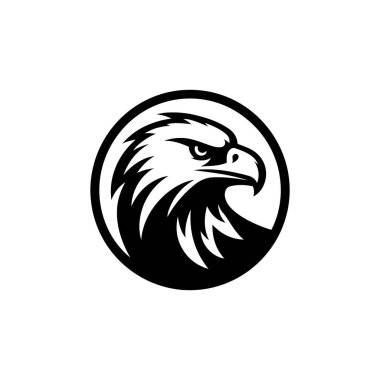 Daire şeklinde şekillendirilmiş kartal kafası logosu. Cesur, beyaz bir arka planda izole edilmiş. Bir kartalın kafasının stilize edilmiş bir grafiği, basit siyah ve beyaz bir dizaynla çizilmiş..