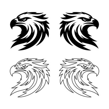 Kartal başlı siluet logo simgesi set vektörü, çizgi sanatı ve tasarım şablonu dolduruldu. Kartal baş vektör illüstrasyon demeti tasarımı.