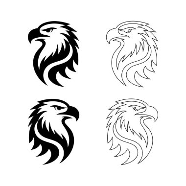 Kartal başlı siluet logo simgesi set vektörü, çizgi sanatı ve tasarım şablonu dolduruldu. Kartal baş vektör illüstrasyon demeti tasarımı.