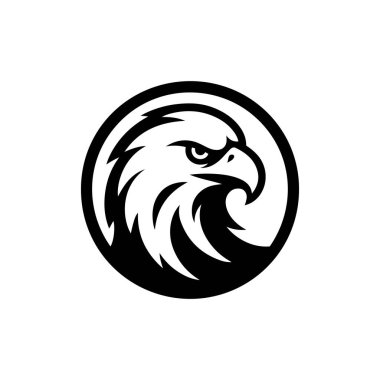 Daire şeklinde şekillendirilmiş kartal kafası logosu. Cesur, beyaz bir arka planda izole edilmiş. Bir kartalın kafasının stilize edilmiş bir grafiği, basit siyah ve beyaz bir dizaynla çizilmiş..