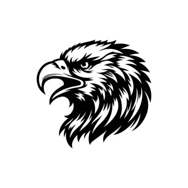 Beyaz arkaplanda kartal başlı siluet logo ikonu vektör sanat tasarım şablonu izole edilmiş. Güçlü kartal baş vektör silueti tasarımı.