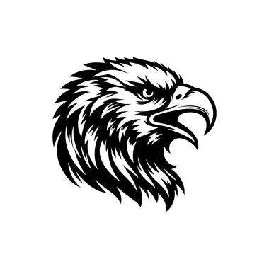 Beyaz arkaplanda kartal başlı siluet logo ikonu vektör sanat tasarım şablonu izole edilmiş. Güçlü kartal baş vektör silueti tasarımı.