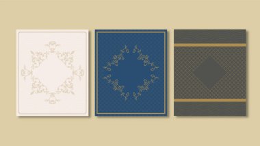 Kitap kapağı şablonu ile altın desenli basit vektör çizgileri beyaz, mavi ve kahverengi arkaplan üzerinde pürüzsüz doku.